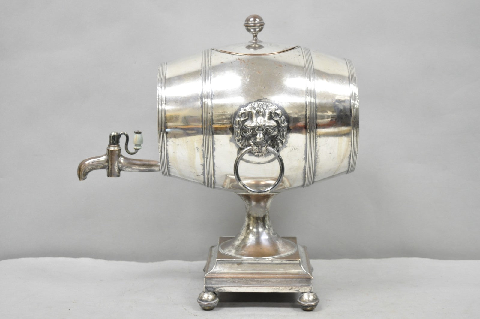 Antique English Regency Silver Plated "Whiskey Barrel" Samovar w/ Lions by B&W