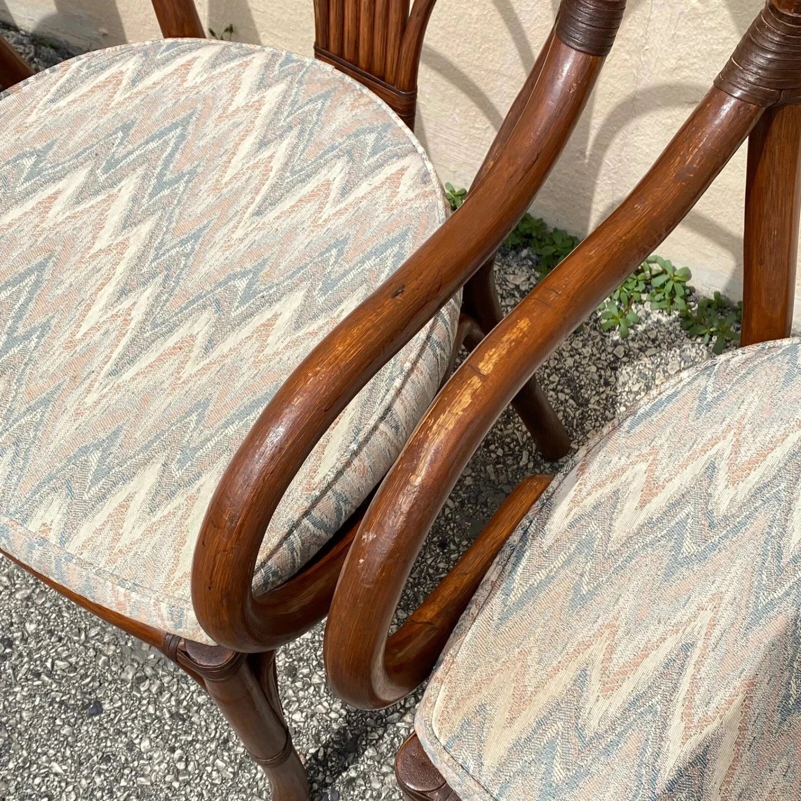 Vintage Hollywood Regency Bentwood Rattan Fan Back Dining Chairs - Set of 4