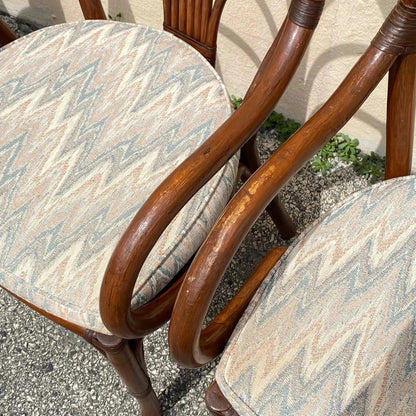 Vintage Hollywood Regency Bentwood Rattan Fan Back Dining Chairs - Set of 4