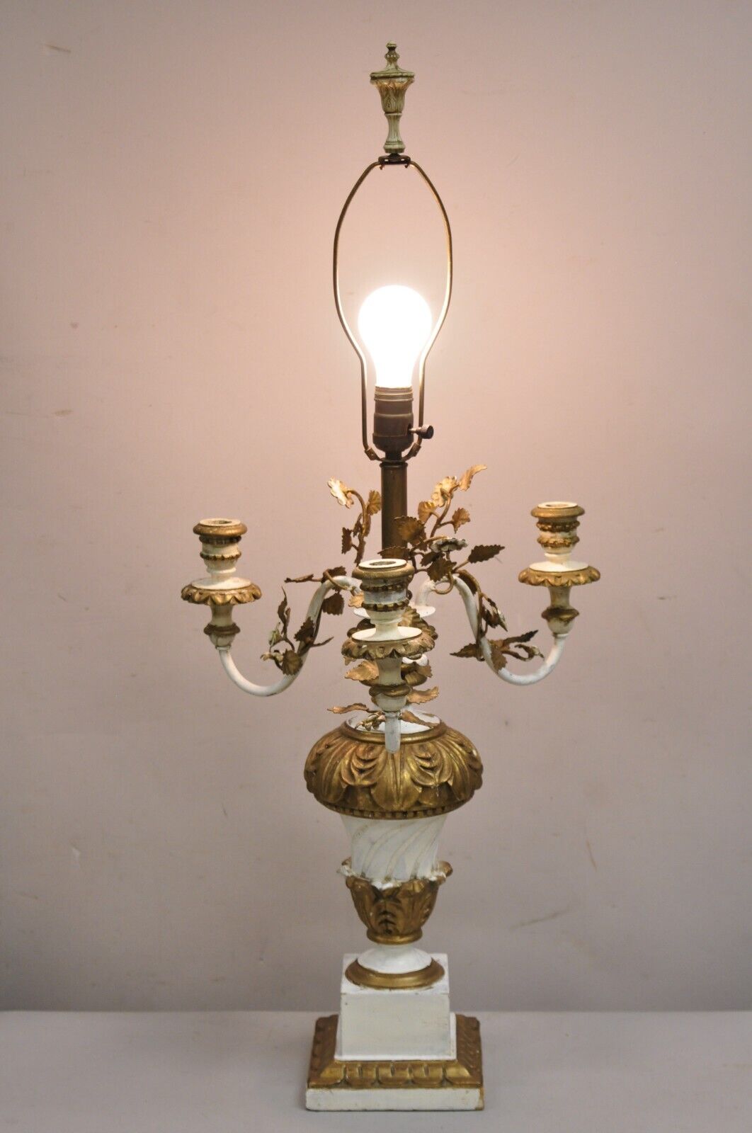 Vintage Italian Hollywood Regency Giltwood White & Gold Candelabra Table Lamp