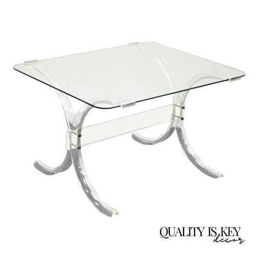 Vintage Mid Century Modern Glass Top Lucite X-Base Butterfly Side End Table