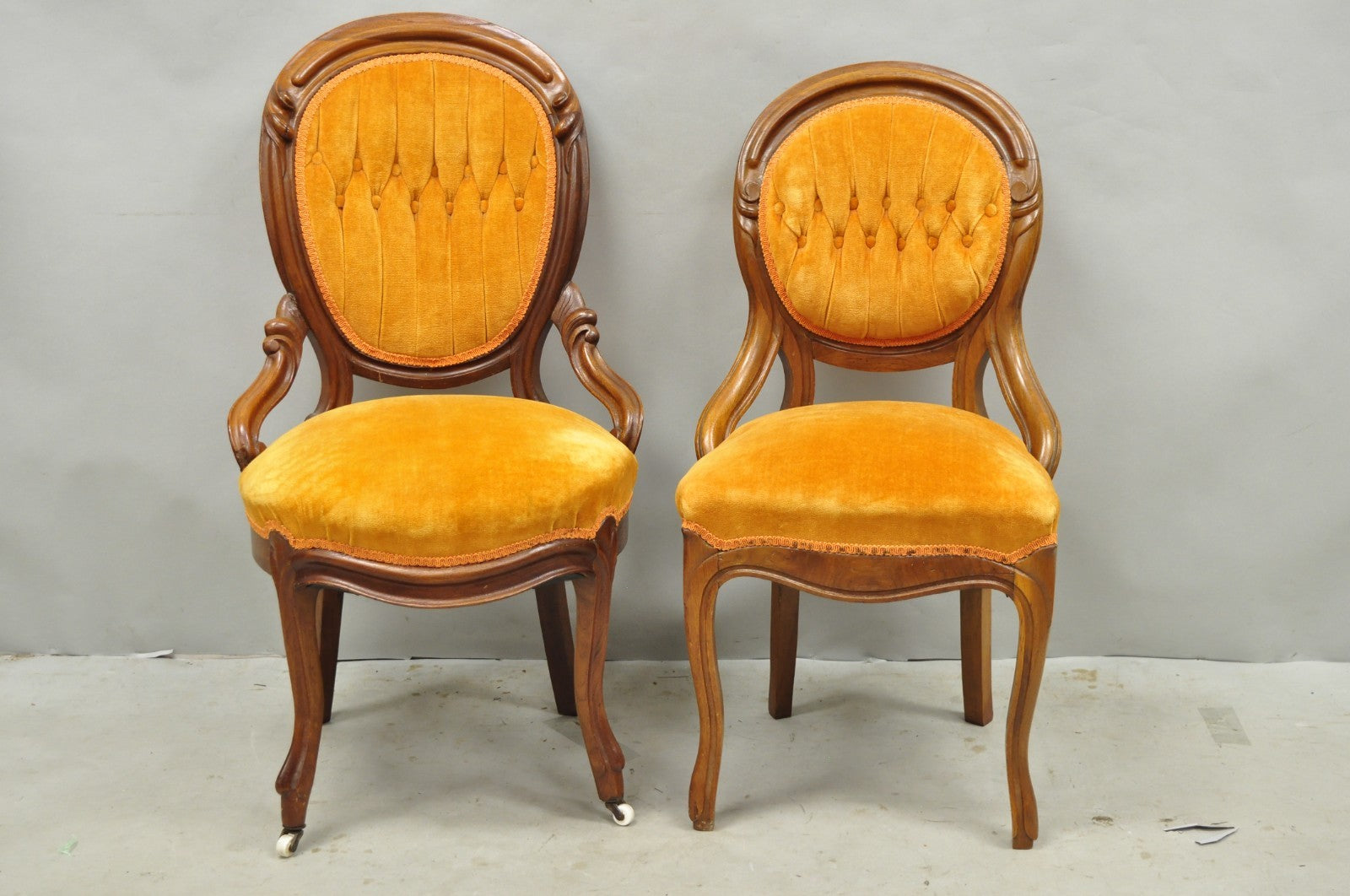 Antique Eastlake Victorian Carved Walnut Orange Parlor Side Chairs - a Pair