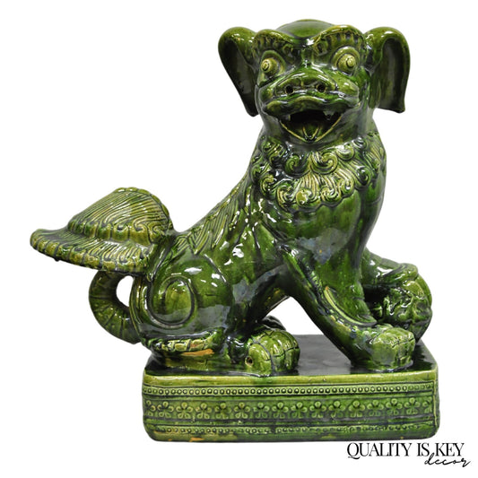 Vintage Chinoiserie Green Majolica Glazed Ceramic 22" Chinese Foo Dog Statue