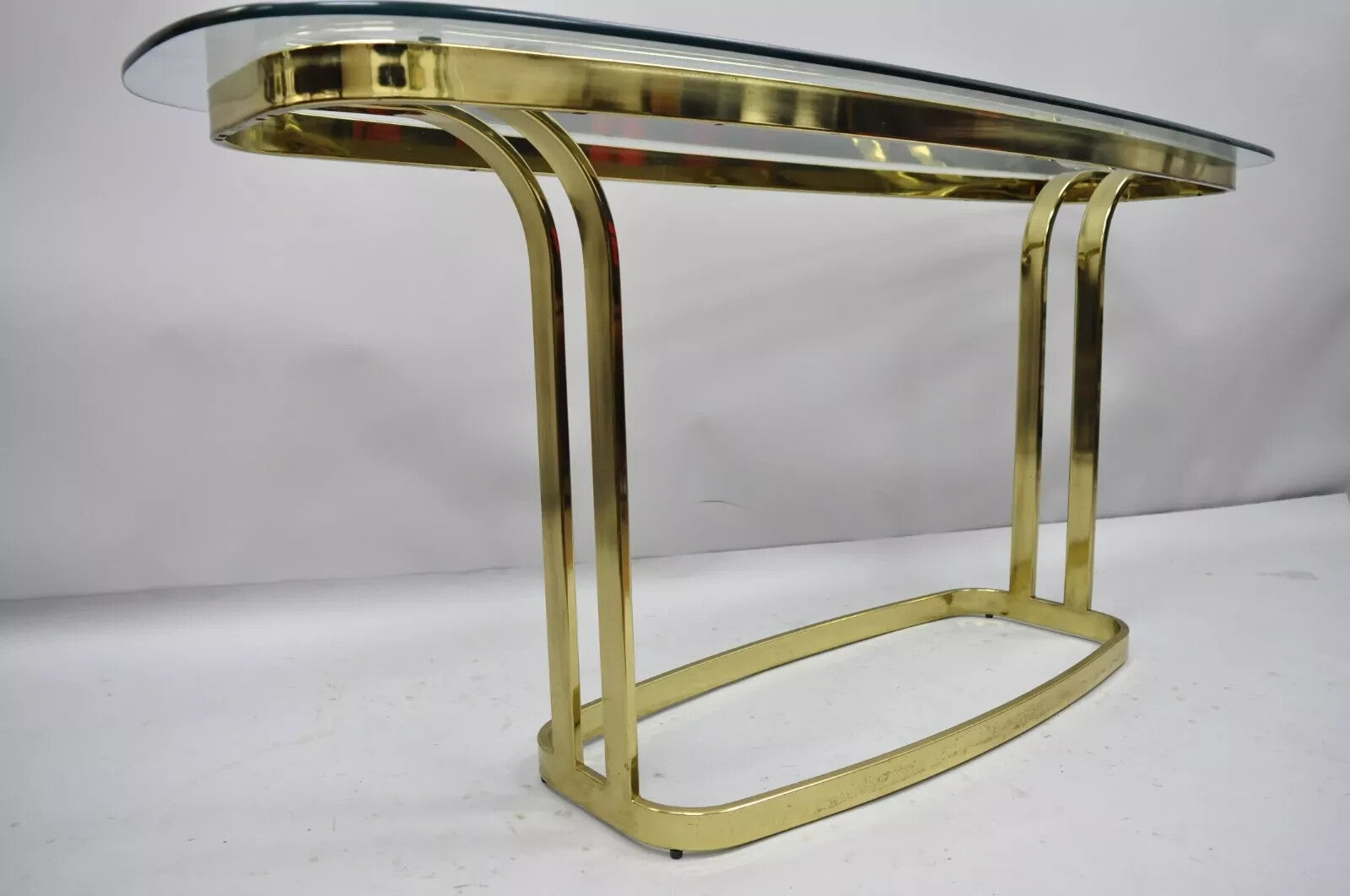 Vintage Hollywood Regency Brass & Glass Sculptural Gold Console Sofa Hall Table