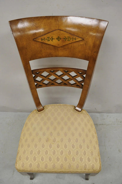 Vintage Italian Regency Burl Wood Brass Inlay Tall Back Dining Chairs - Set of 4