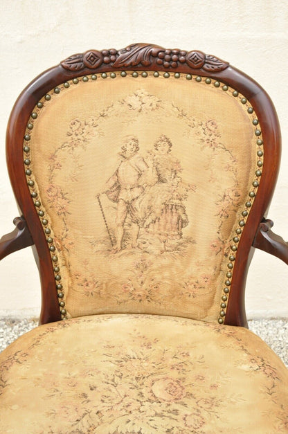 Vintage French Victorian Style Carved Mahogany Frame Lounge Arm Chair