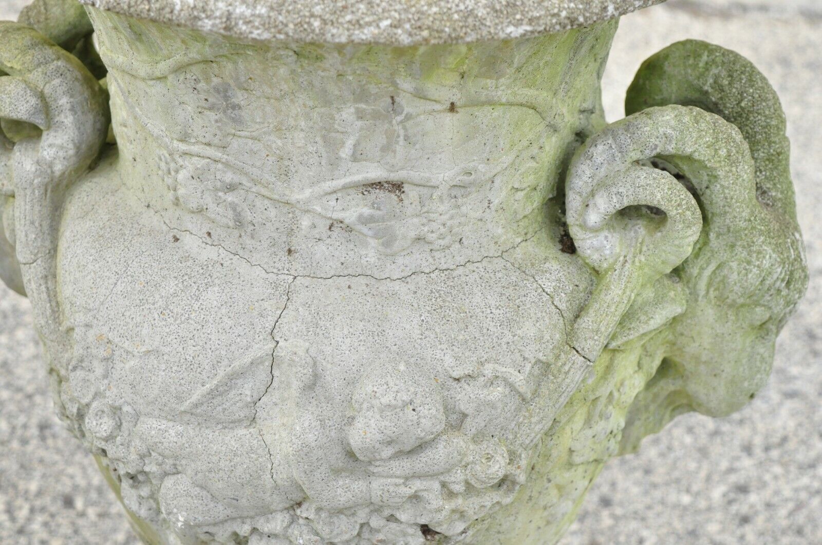 French Neoclassical 28" Concrete Figural Cherub Rams Garden Planters - a Pair