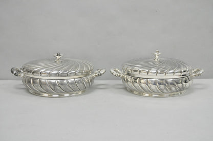 Antique Meriden B Co Spiral Swirl Silver Plated Covered Serving Dish Tureen Pair