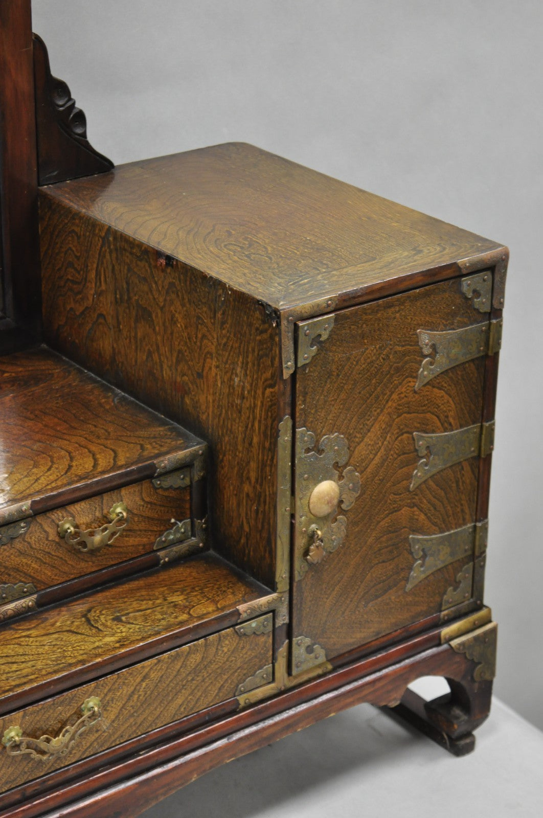 Antique Japanese Wood & Brass Small Low Kyodai Vanity Dressing Table with Mirror