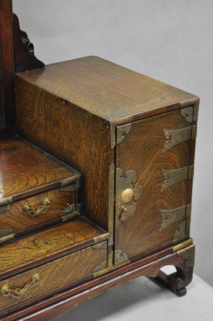 Antique Japanese Wood & Brass Small Low Kyodai Vanity Dressing Table with Mirror