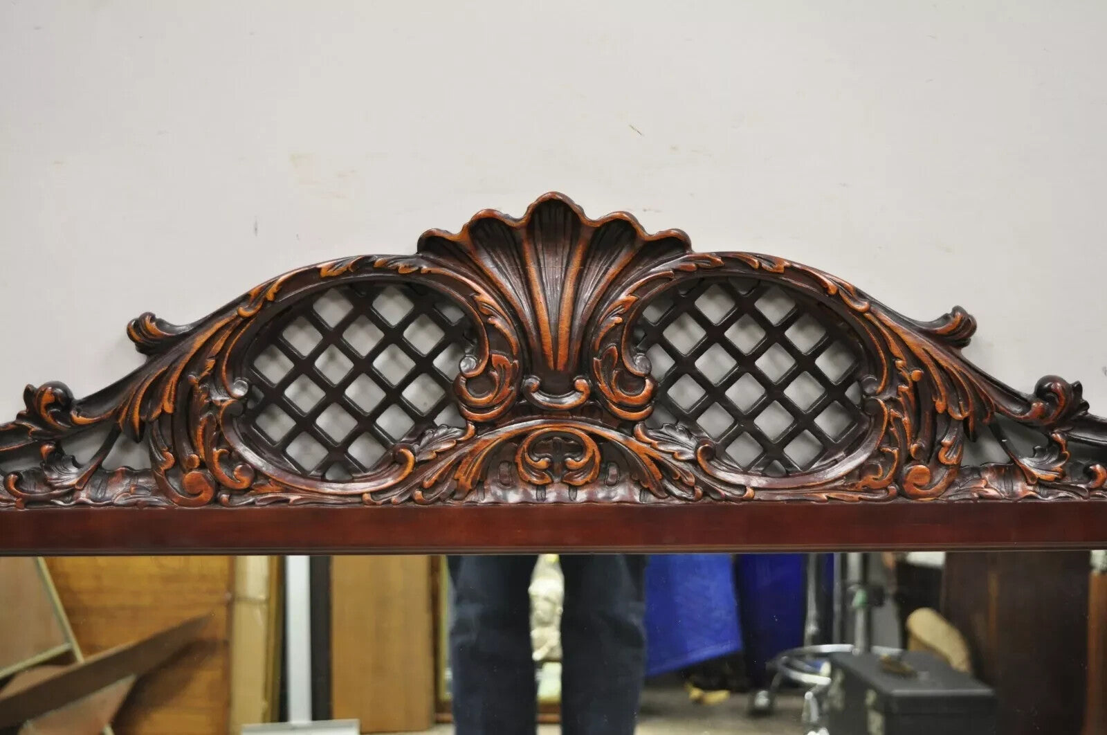 Antique Chinese Chippendale Style Fretwork Carved Mahogany Large Wall Mirror