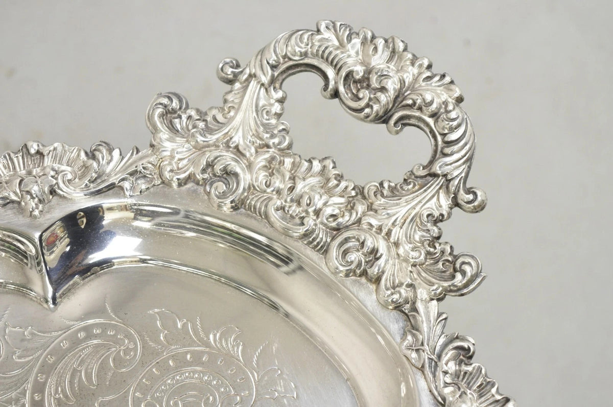 Antique Victorian English Sheffield Ornate Oval Footed Serving Platter Bar Tray