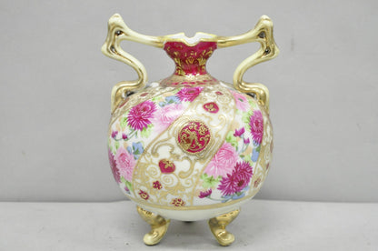 Antique Nippon Moriage Porcelain Twin Handle Ball Vase w/ Hand Painted Roses (B)