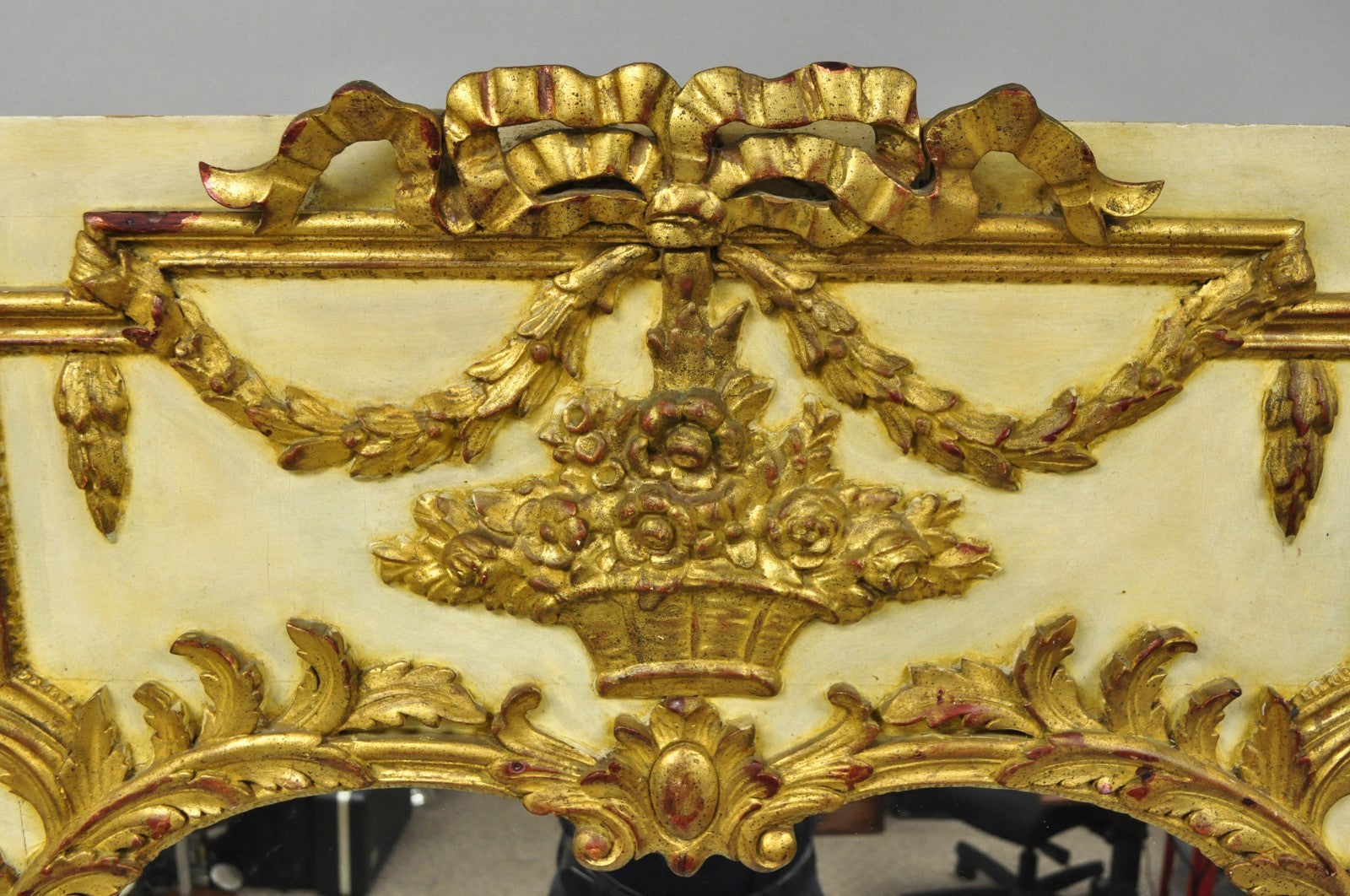 Antique French Louis XV Style Cream & Gold Gilt Drape Ribbon Trumeau Wall Mirror