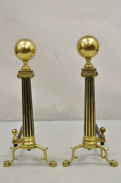 Vintage French Empire Style Brass Cannonball Column Form Branch Foot Andirons