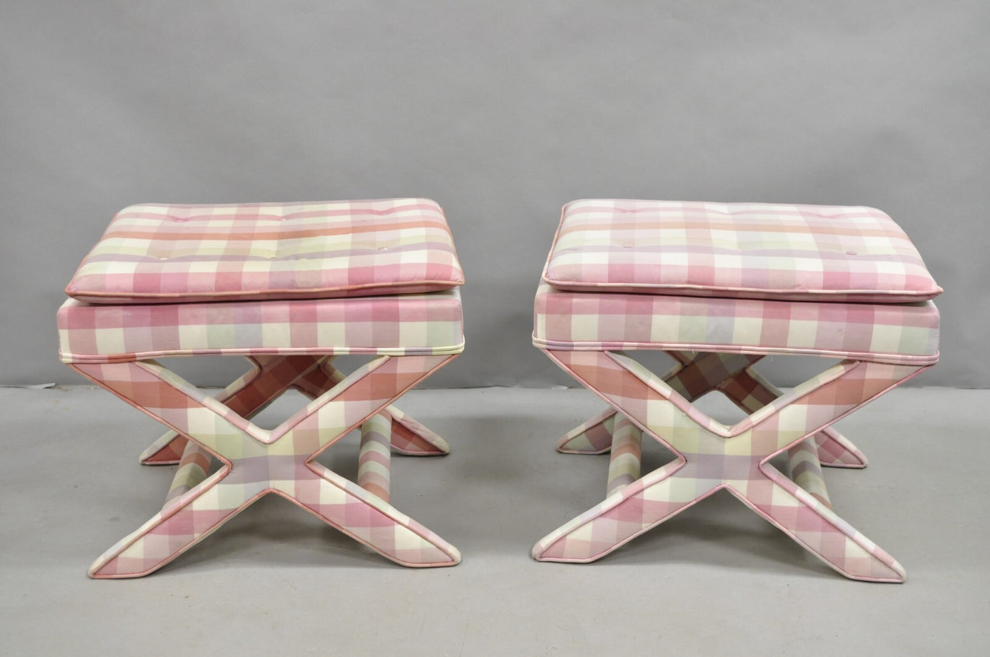 Vintage French Country Pink Plaid Hollywood Regency X-Stool Curule Bench Pair
