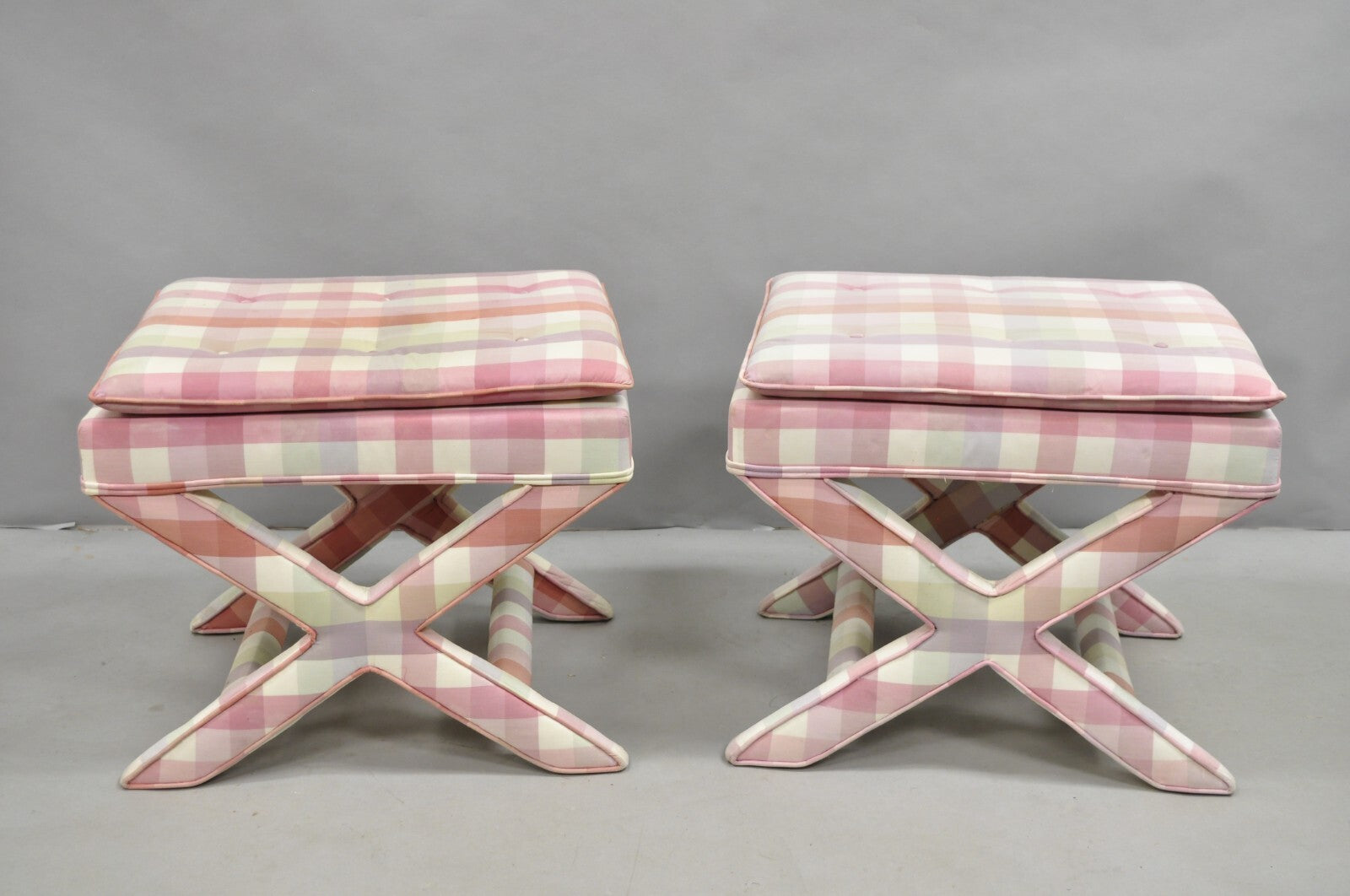 Vintage French Country Pink Plaid Hollywood Regency X-Stool Curule Bench Pair