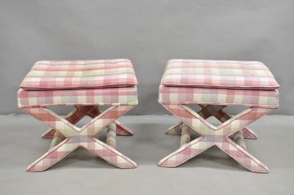 Vintage French Country Pink Plaid Hollywood Regency X-Stool Curule Bench Pair