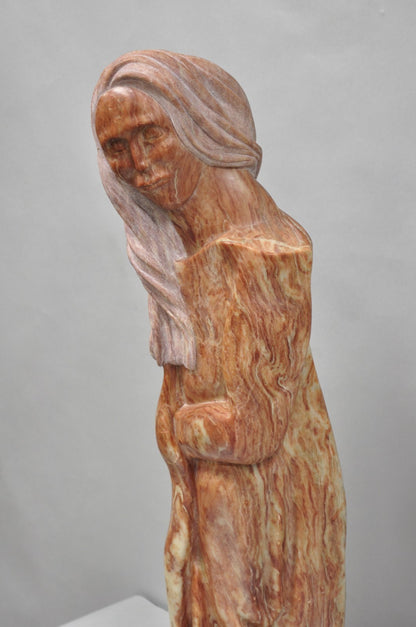 Vintage Seymour Shuren Modern Carved Pink Marble Tall Woman Figure Sculpture
