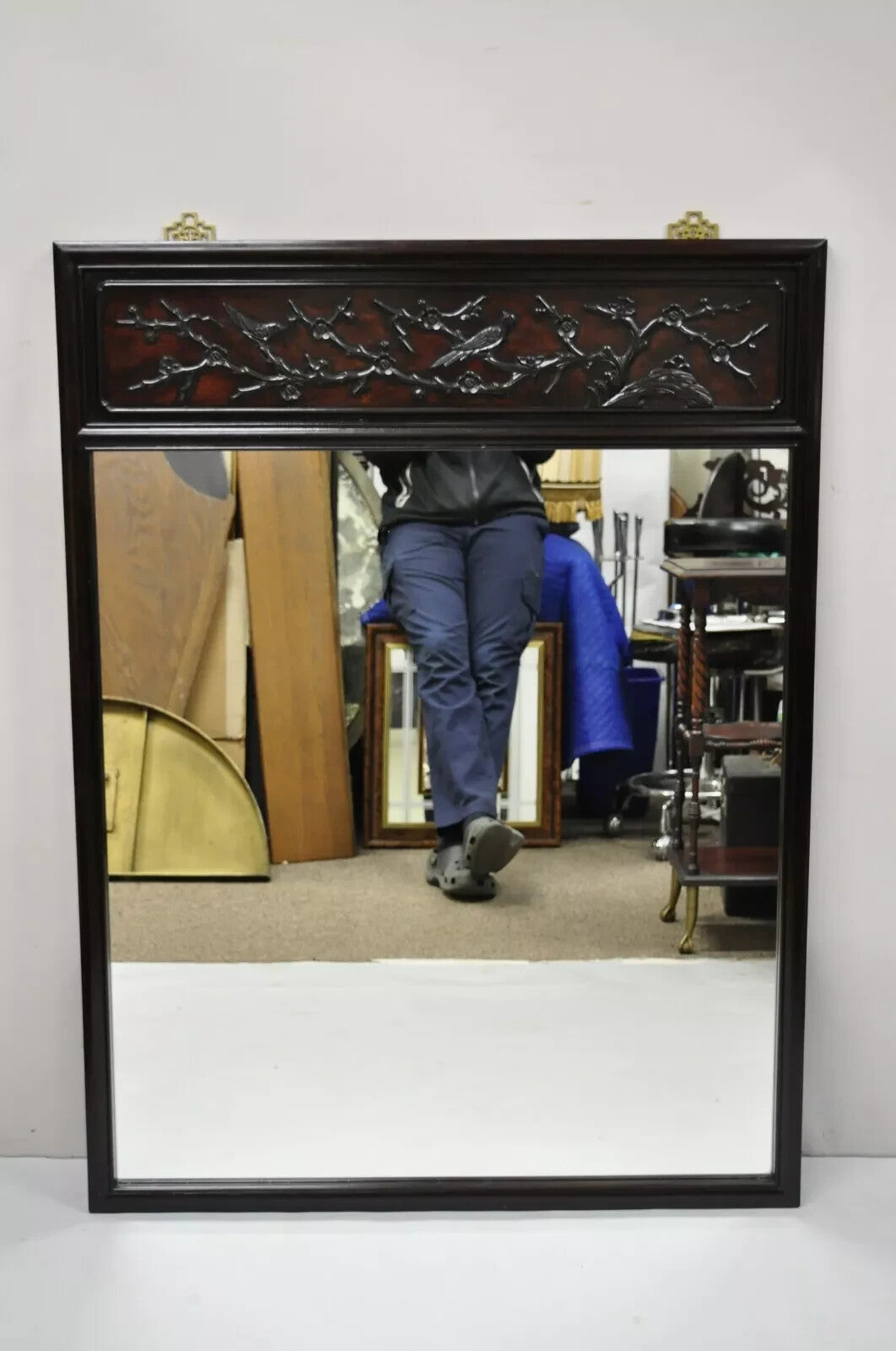 Vintage Chinese Bird Carved Hardwood Mahogany Rectangular Oriental Wall Mirror