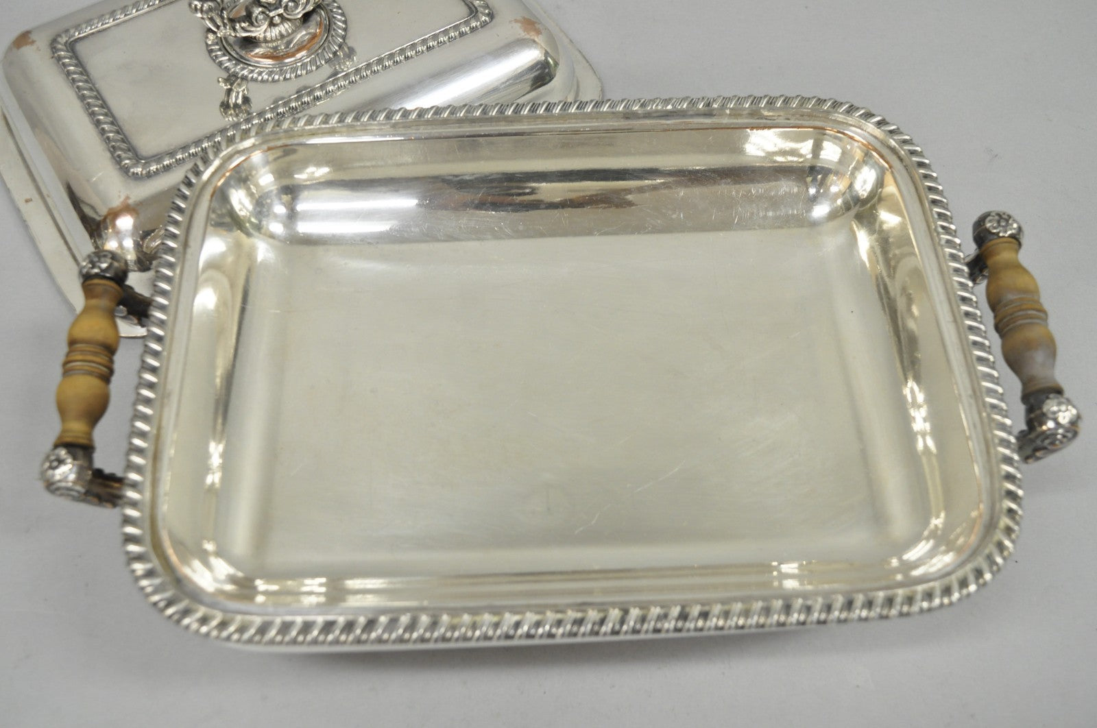 Antique English Georgian Silver Plated Covered Chafing Dish on Wooden Bun Feet