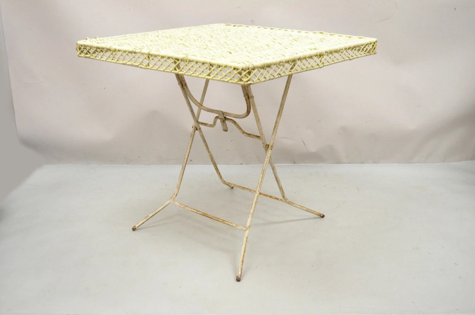 Vintage Victorian Style Wrought Iron Wicker Rattan Top Folding Card Game Table