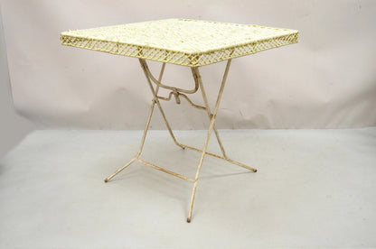 Vintage Victorian Style Wrought Iron Wicker Rattan Top Folding Card Game Table