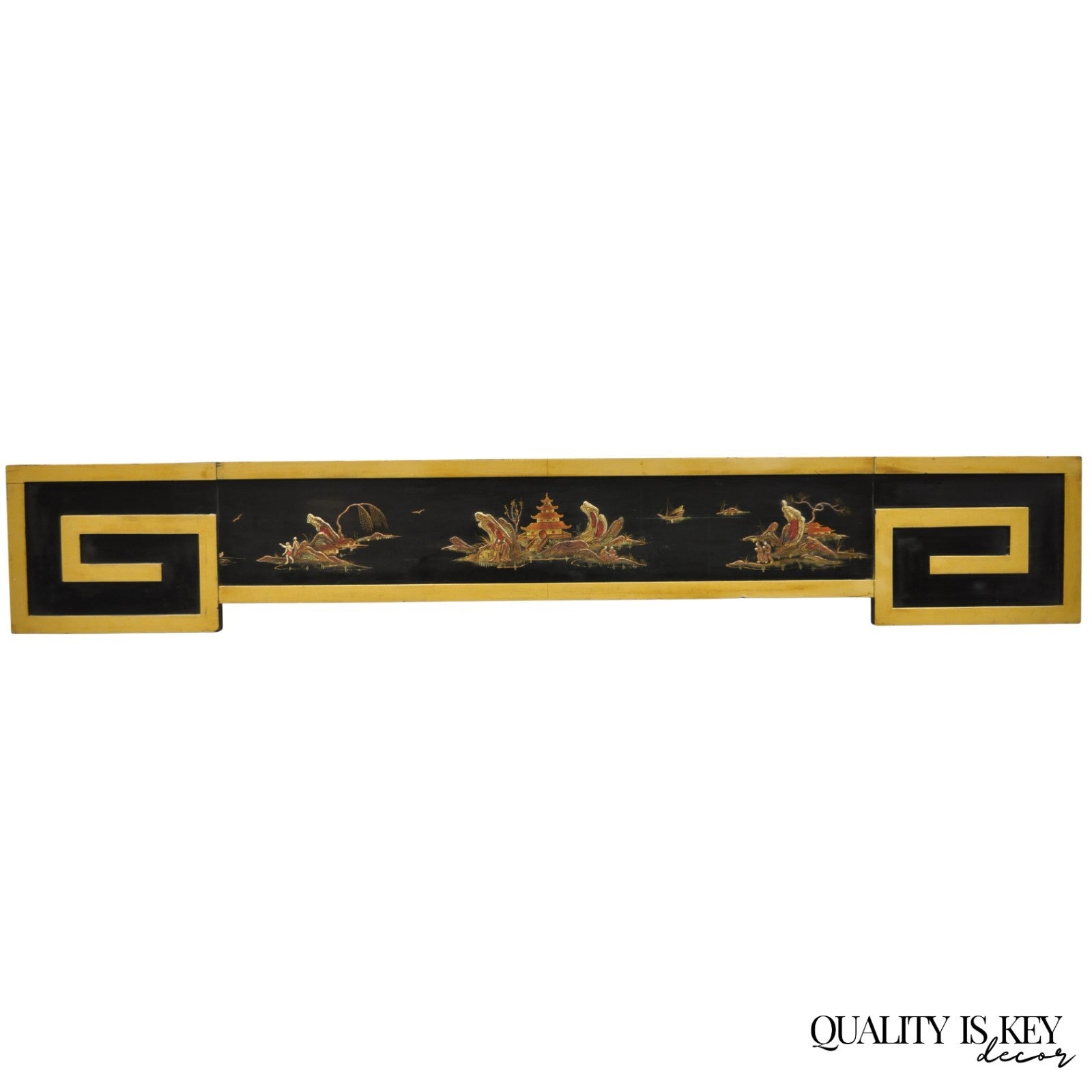 Vintage Chinoiserie Oriental Black Lacquer & Gold Greek Key 77" Window Valance