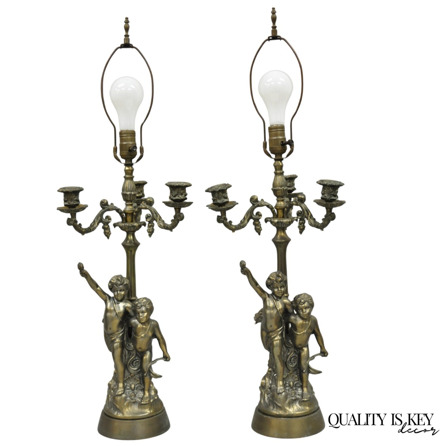French Renaissance Figural Spelter Metal Cherub Candelabra Table Lamps - a Pair