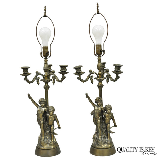 French Renaissance Figural Spelter Metal Cherub Candelabra Table Lamps - a Pair