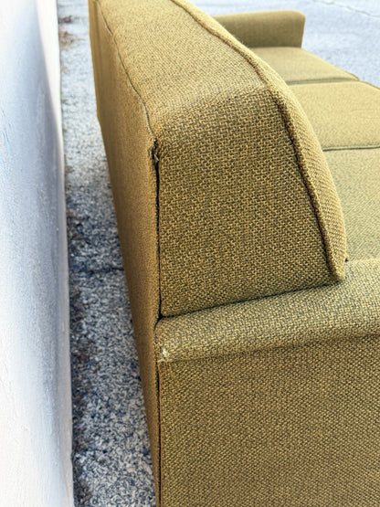 Vintage Mid Century Modern Greenish Brown Tufted 82" Sofa Couch w/ Walnut Legs