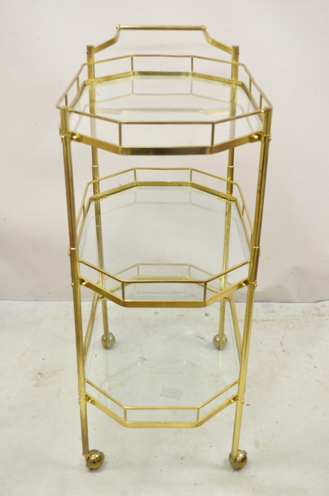 Mid Century Italian Modern Brass and Glass 3 Tier Rolling Bar Cart Serving Table
