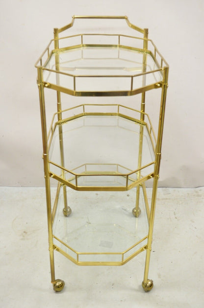 Mid Century Italian Modern Brass and Glass 3 Tier Rolling Bar Cart Serving Table