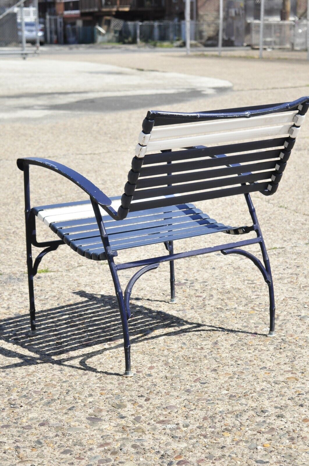 Vintage Faux Bamboo Aluminum Vinyl Straps Blue Patio Lounge Chair and Ottoman