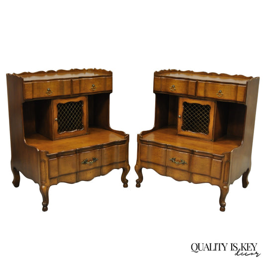 Vintage French Country Provincial Walnut Fruitwood Step Nightstands - a Pair