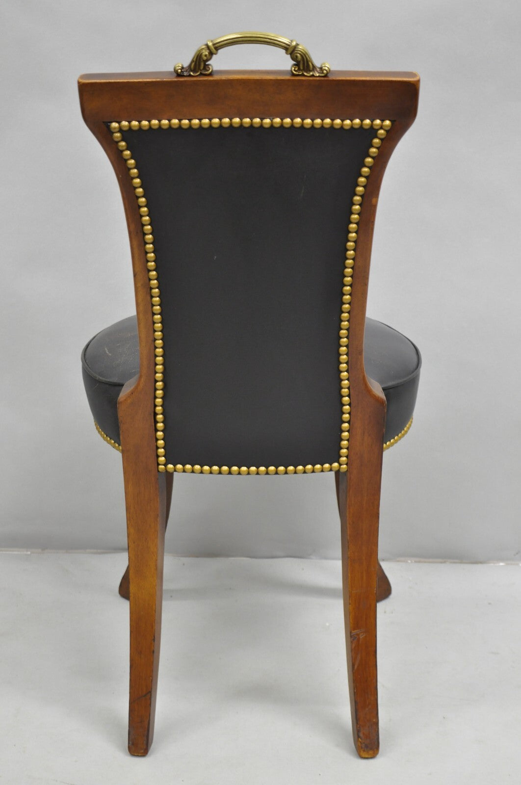 Vintage French Regency Style Carved Mahogany Black Leather Saber Leg Side Chair