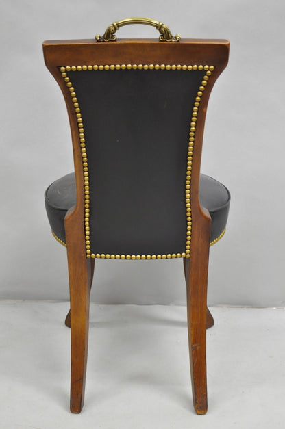 Vintage French Regency Style Carved Mahogany Black Leather Saber Leg Side Chair