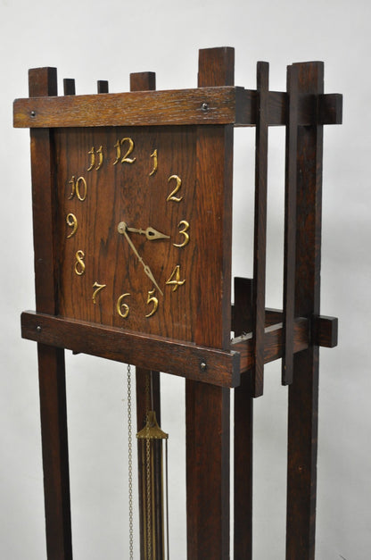 Antique Mission Arts and Crafts Oak Wood Tall Case Grandfather Clock