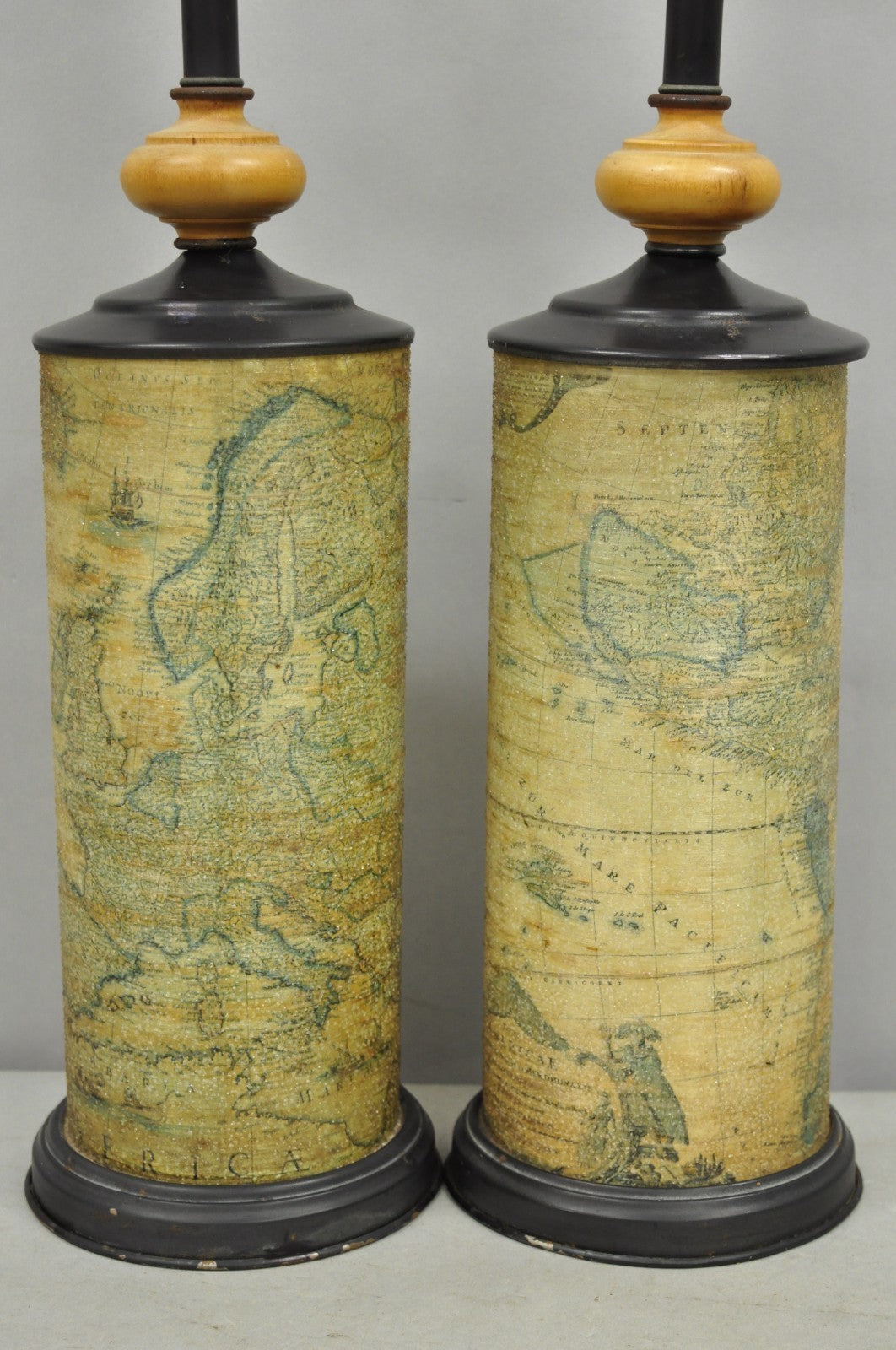 Vintage Regency Style European Old World Map Wrapped Cylinder Table Lamps - Pair