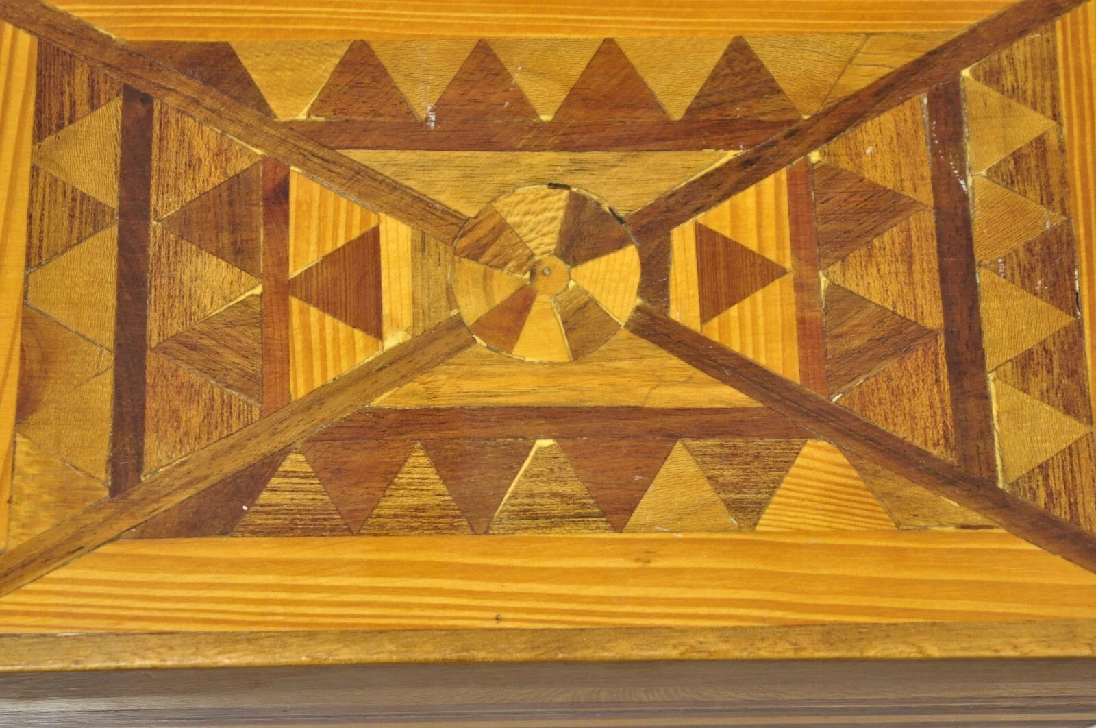 Vintage Folk Art Marquetry Inlay Small Wooden Primitive Footstool Ottoman Stool