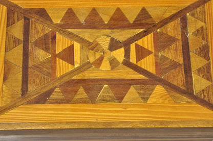 Vintage Folk Art Marquetry Inlay Small Wooden Primitive Footstool Ottoman Stool