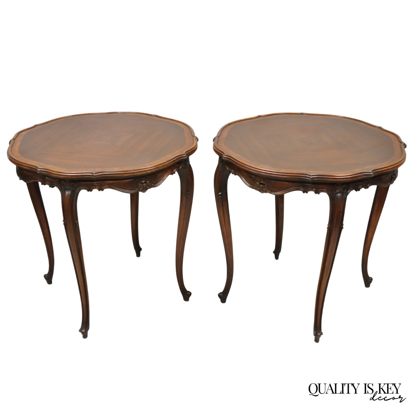 Antique French Louis XV Style Walnut Round Turtle Top Occasional Side Table Pair