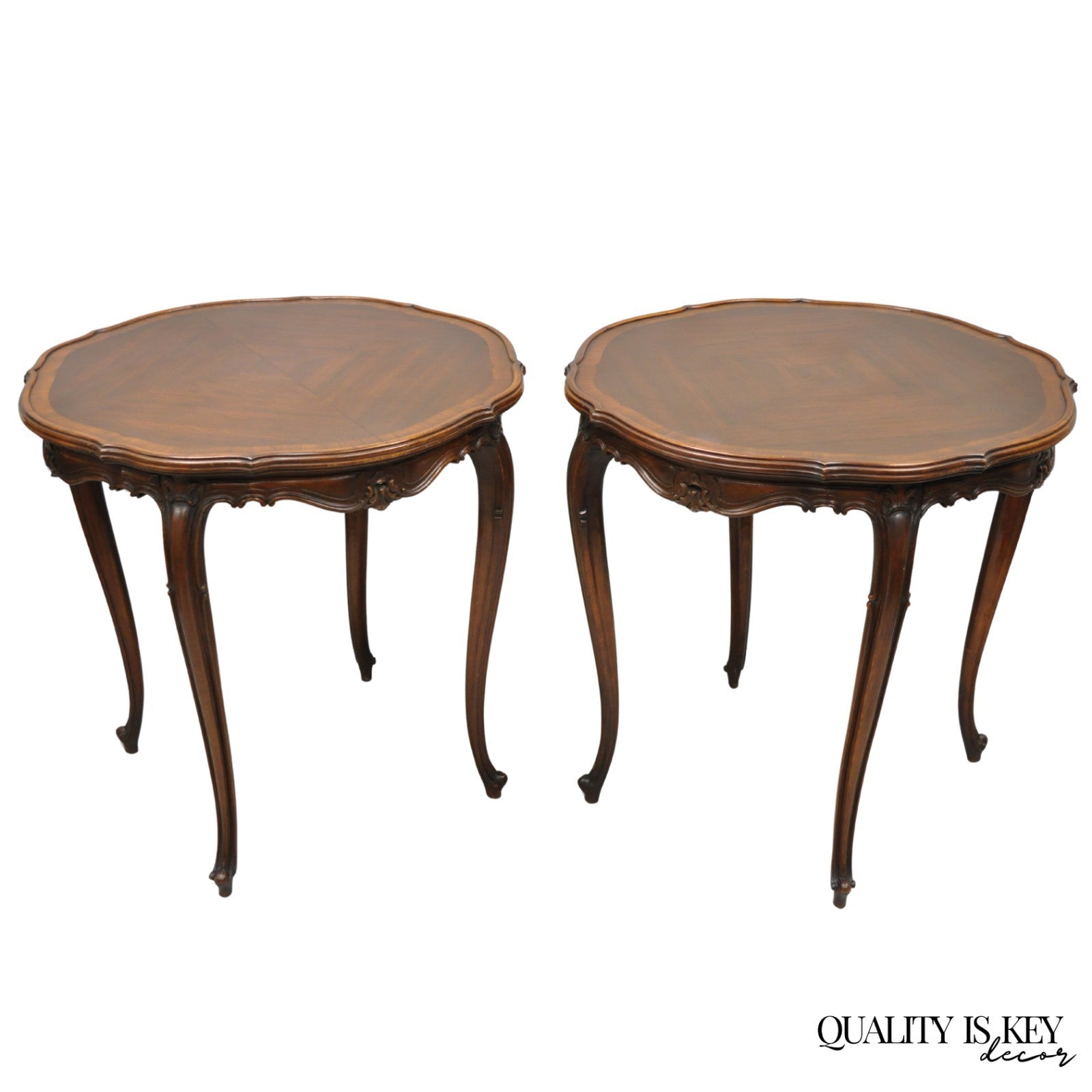 Antique French Louis XV Style Walnut Round Turtle Top Occasional Side Table Pair