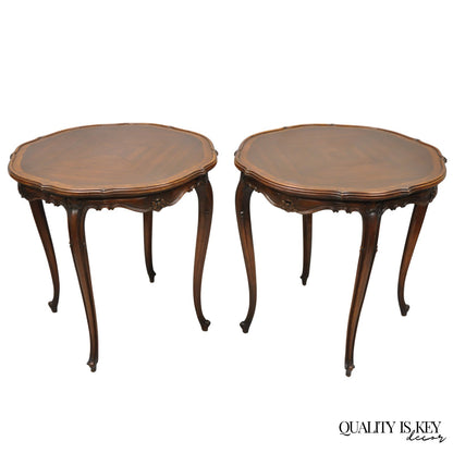 Antique French Louis XV Style Walnut Round Turtle Top Occasional Side Table Pair
