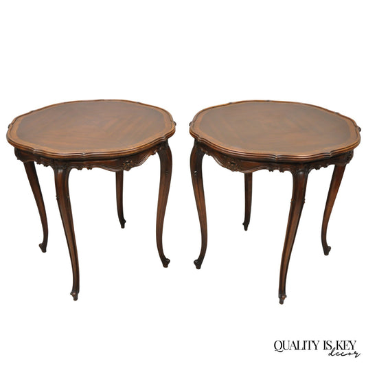 Antique French Louis XV Style Walnut Round Turtle Top Occasional Side Table Pair
