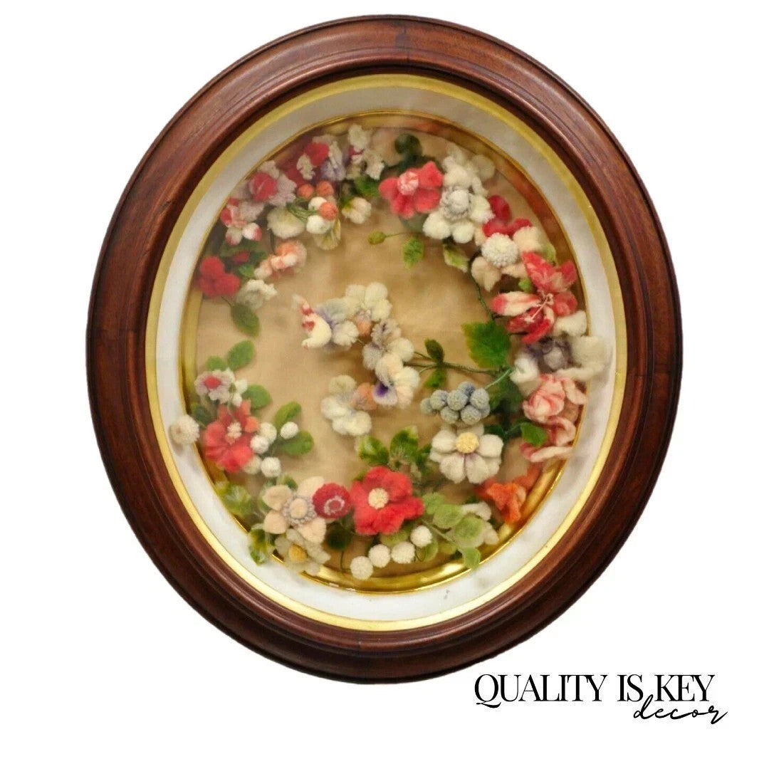 Victorian Oval Mahogany Shadow Box Frame Felt Cotton Flower Mourning Wall Wreath