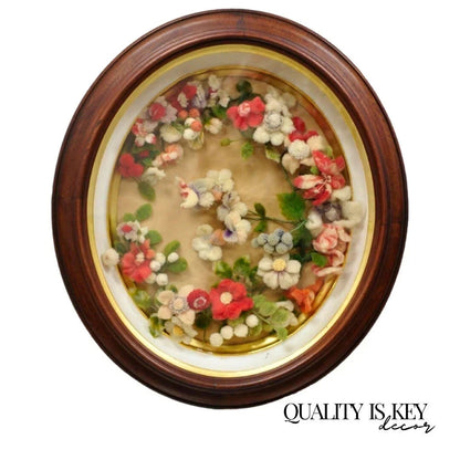Victorian Oval Mahogany Shadow Box Frame Felt Cotton Flower Mourning Wall Wreath