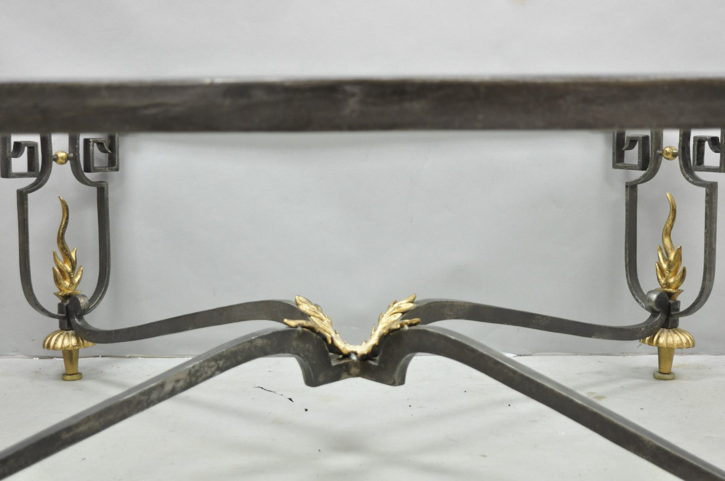 Vintage French Neoclassical Large Wrought Iron & Glass "Flame" Coffee Table