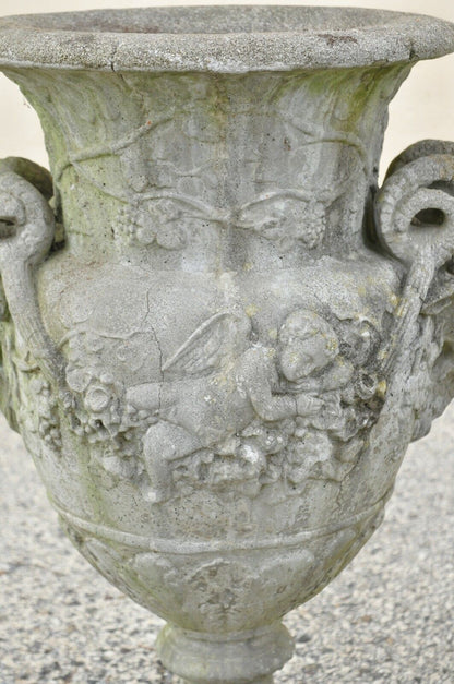 French Neoclassical 28" Concrete Figural Cherub Rams Garden Planters - a Pair