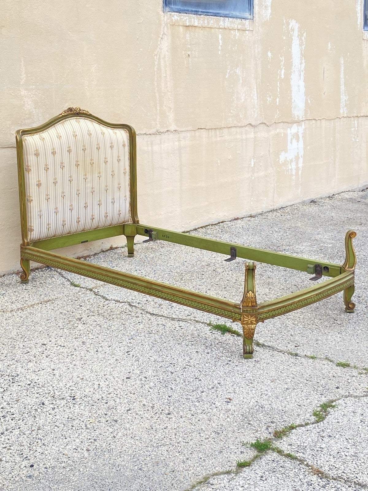Antique French Louis XVI Style Green Painted Upholstered Twin Bed by Vanleigh